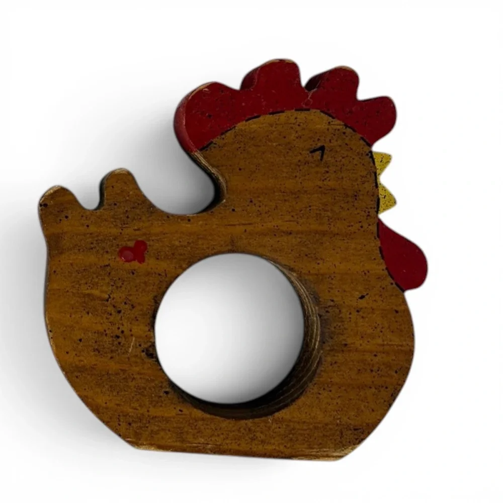 Set‎ of 4 Wooden Chicken Napkin Rings Hand Painted Country Farmhouse Decor Vtg
